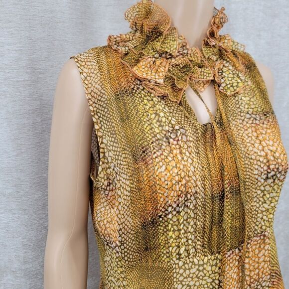 Silk Ruffled Sleeveless Top in Abstract Animal Print Pleated - Picture 3 of 13